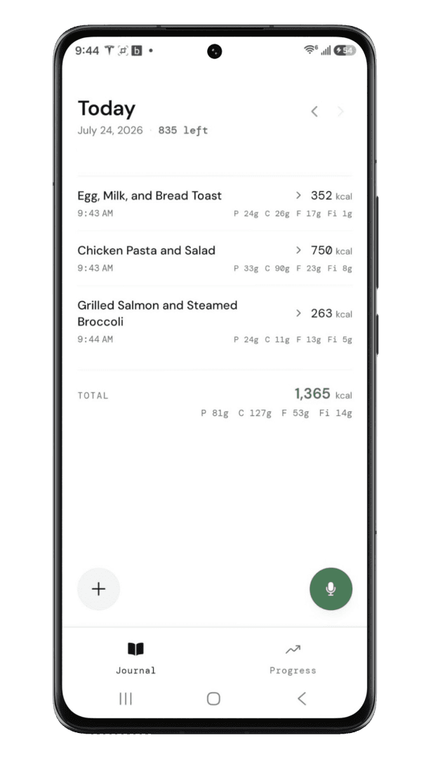 BitePad daily journal showing logged meals, calories, and macros