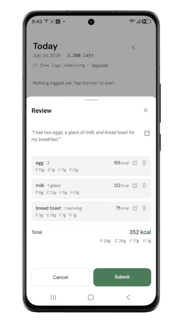 BitePad reviewing calories and macros before logging a meal