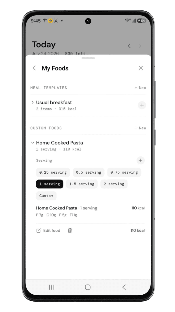 BitePad custom foods and reusable meal templates