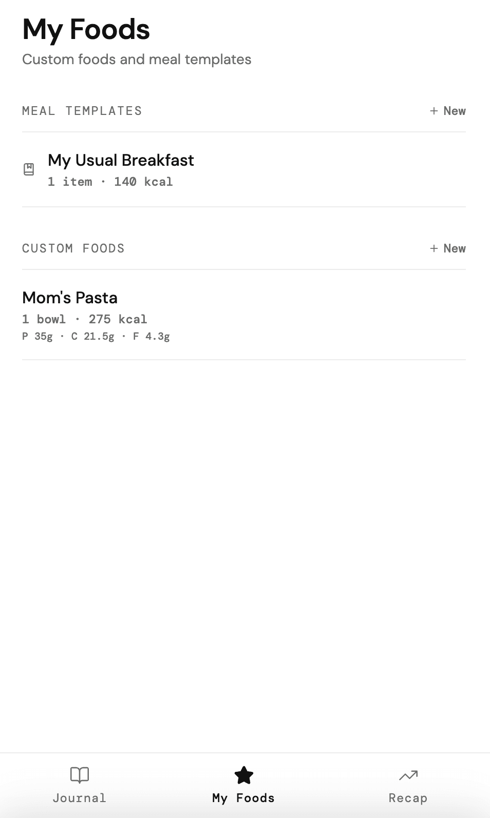 BitePad My Foods screen with custom foods and meal templates