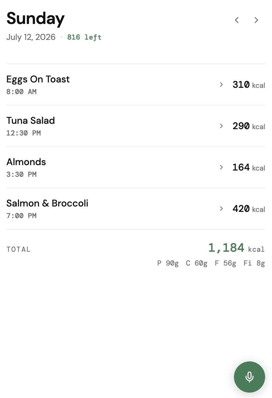 BitePad home screen showing a daily calorie timeline
